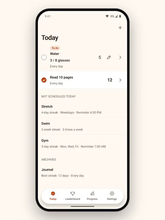 The Today screen with three habits and a progress ring