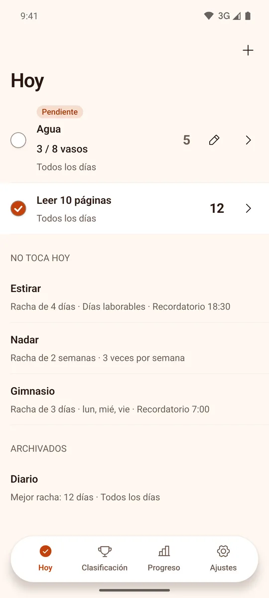La pantalla Hoy de Rachi con los hábitos del día listos para registrar